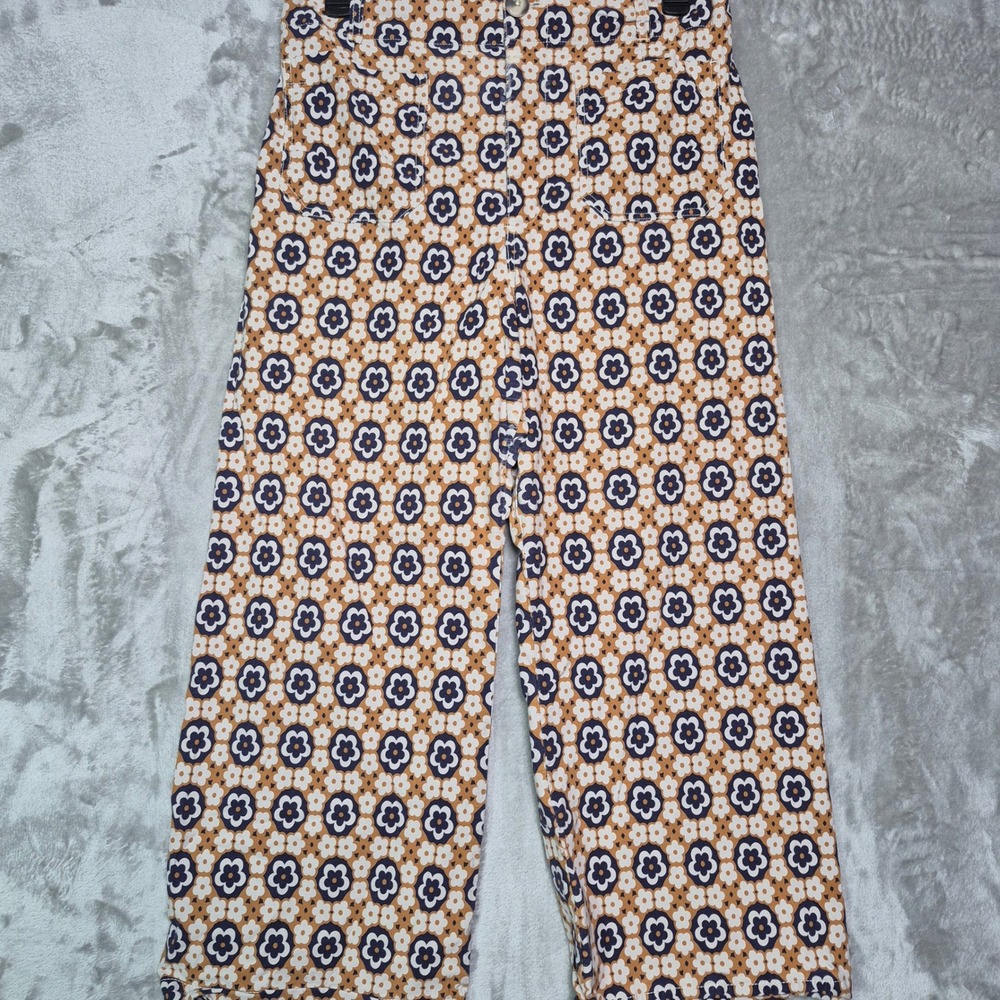 Maeve Anthropologie The Colette Floral Wide Leg Pants 32 Mustard Navy Retro